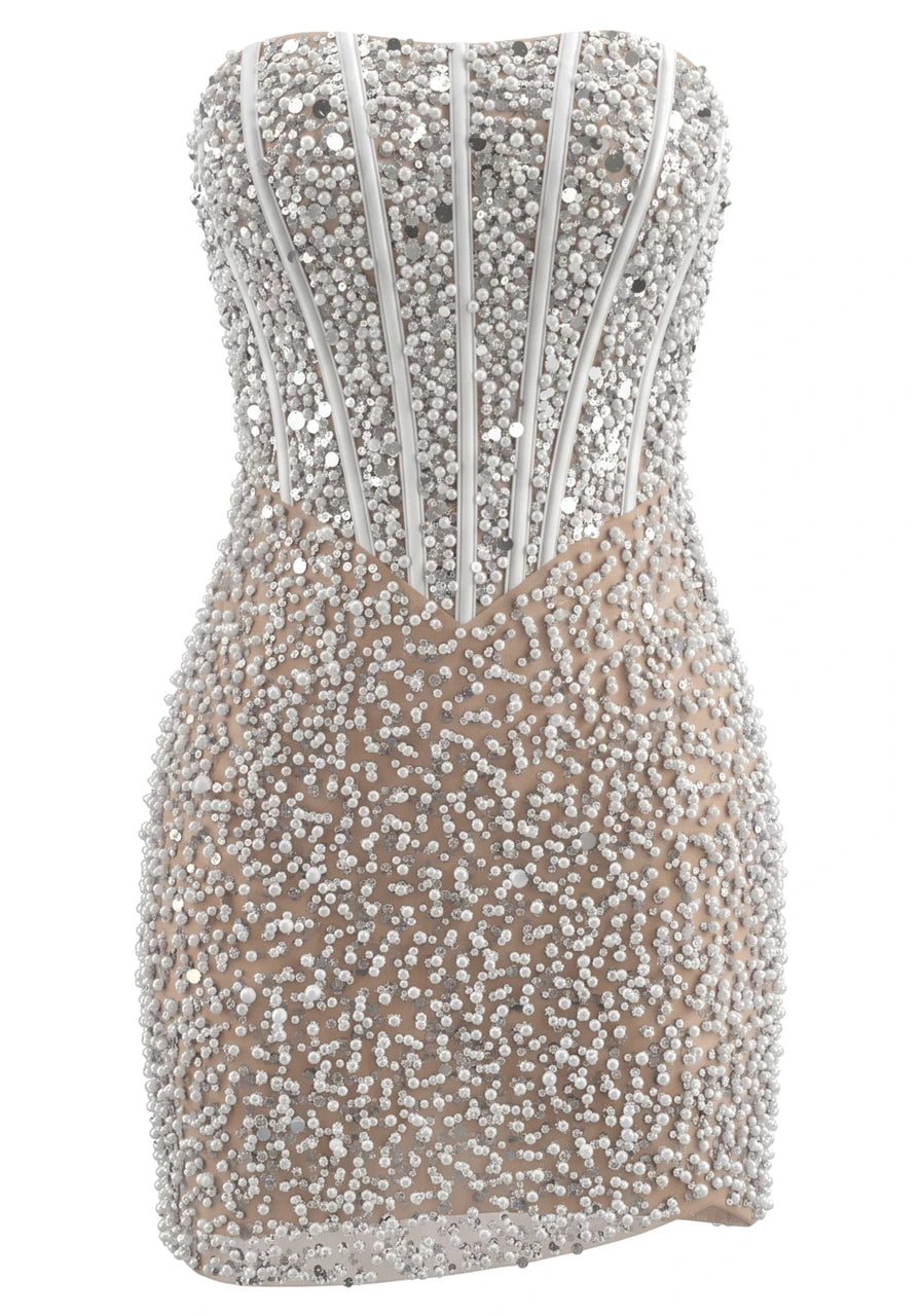Strapless Structured Pearl Sequin Dress White