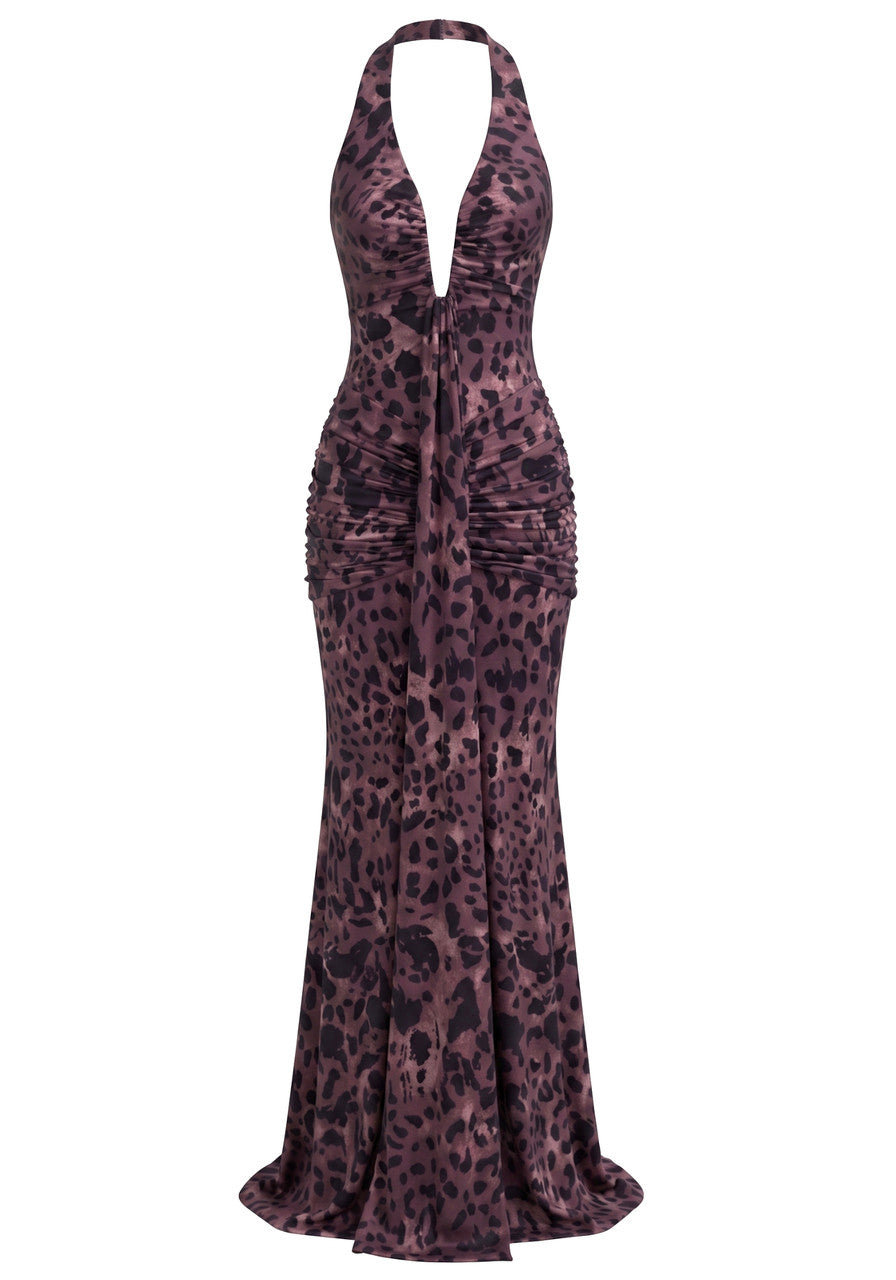 Halter Draped Maxi Dress Animal Print
