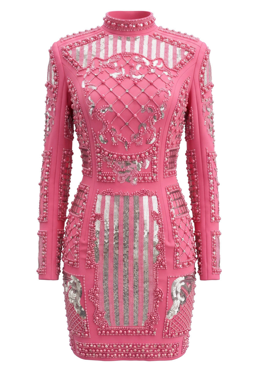 Long Sleeve Sequin Embellished Dress Hot Pink
