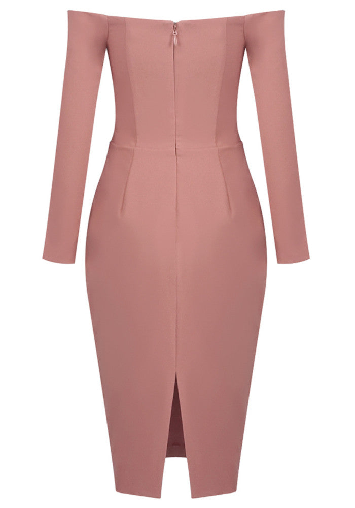 Long Sleeve Draped Bardot Midi Dress Pink