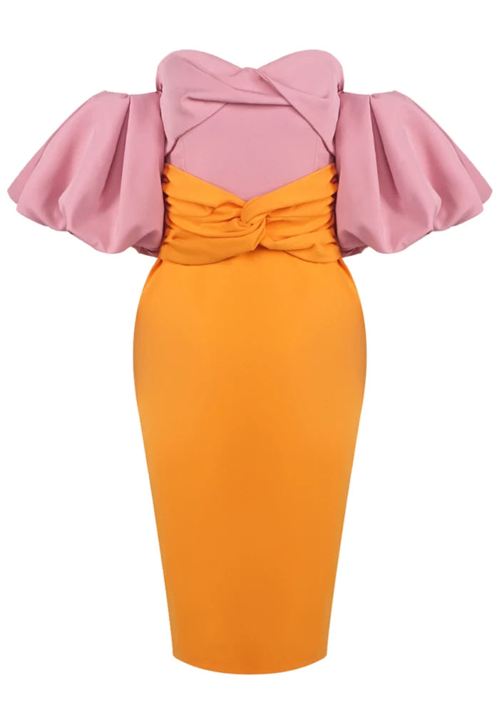 Puff Sleeve Bardot Midi Dress Pink Orange