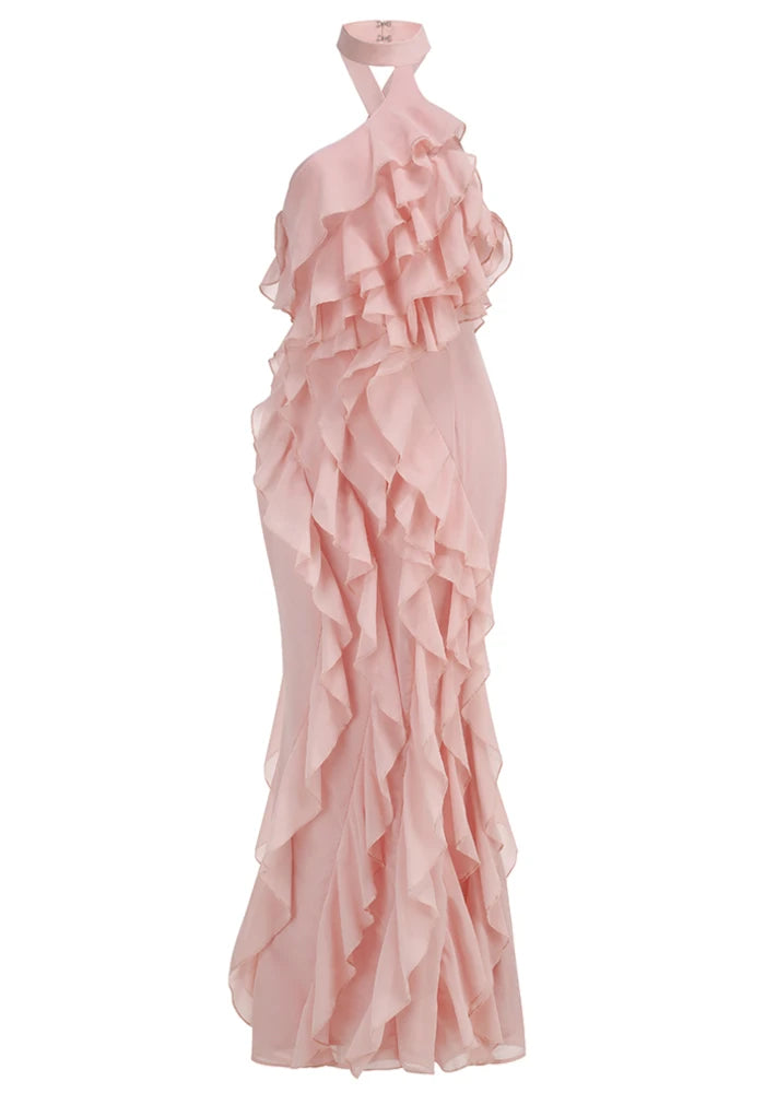 Halter Ruffle Detail Maxi Dress Pink