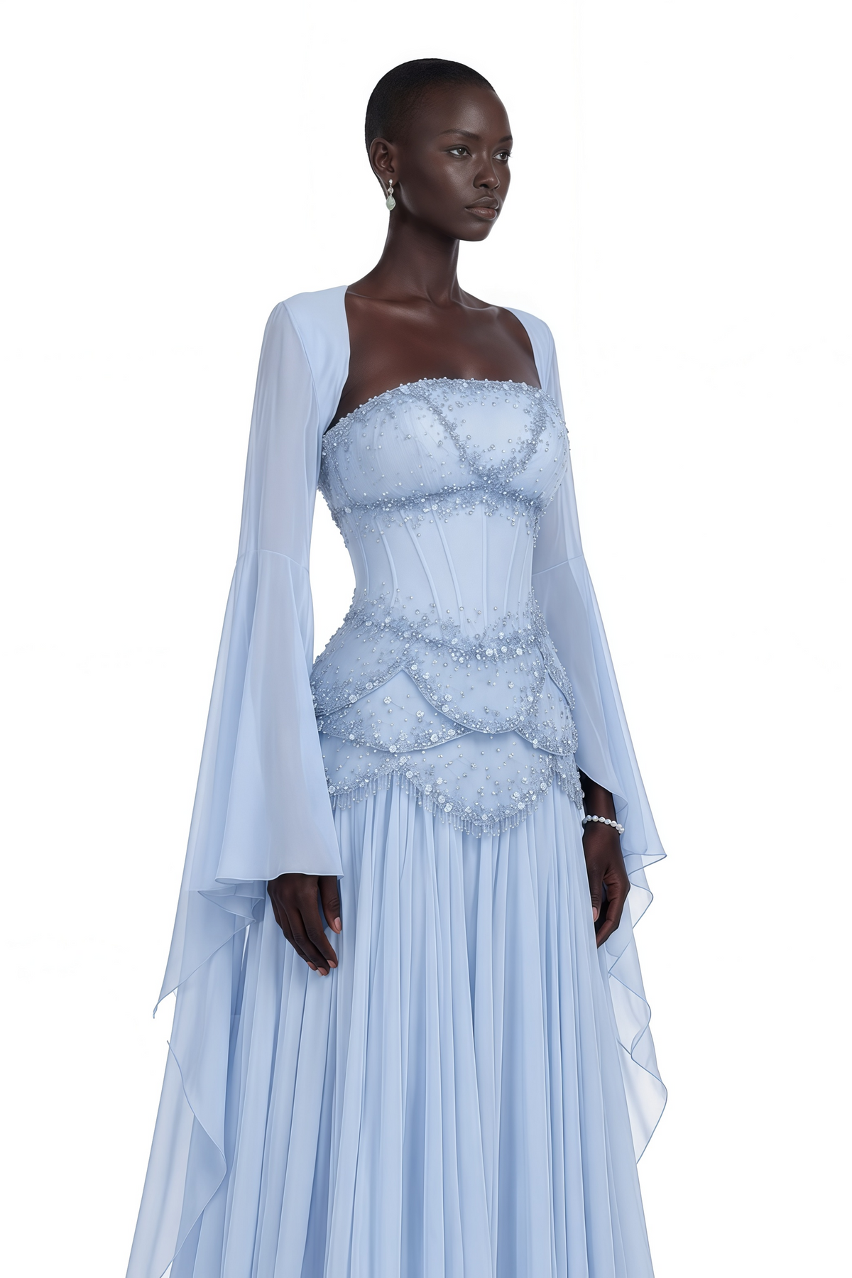 Faux-pearl-embellished Pleated Maxi Dress in Light-blue