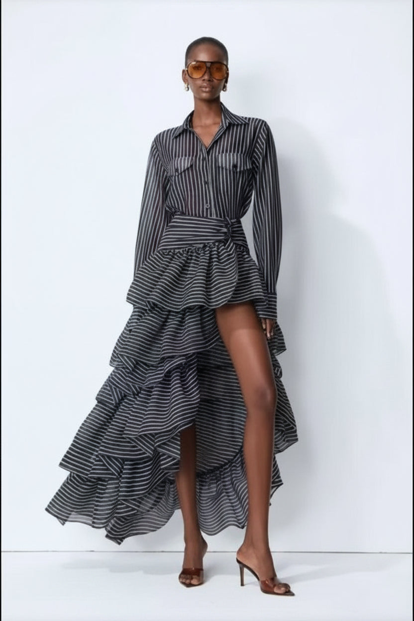 The Amara Striped Ruffle Maxi Dress