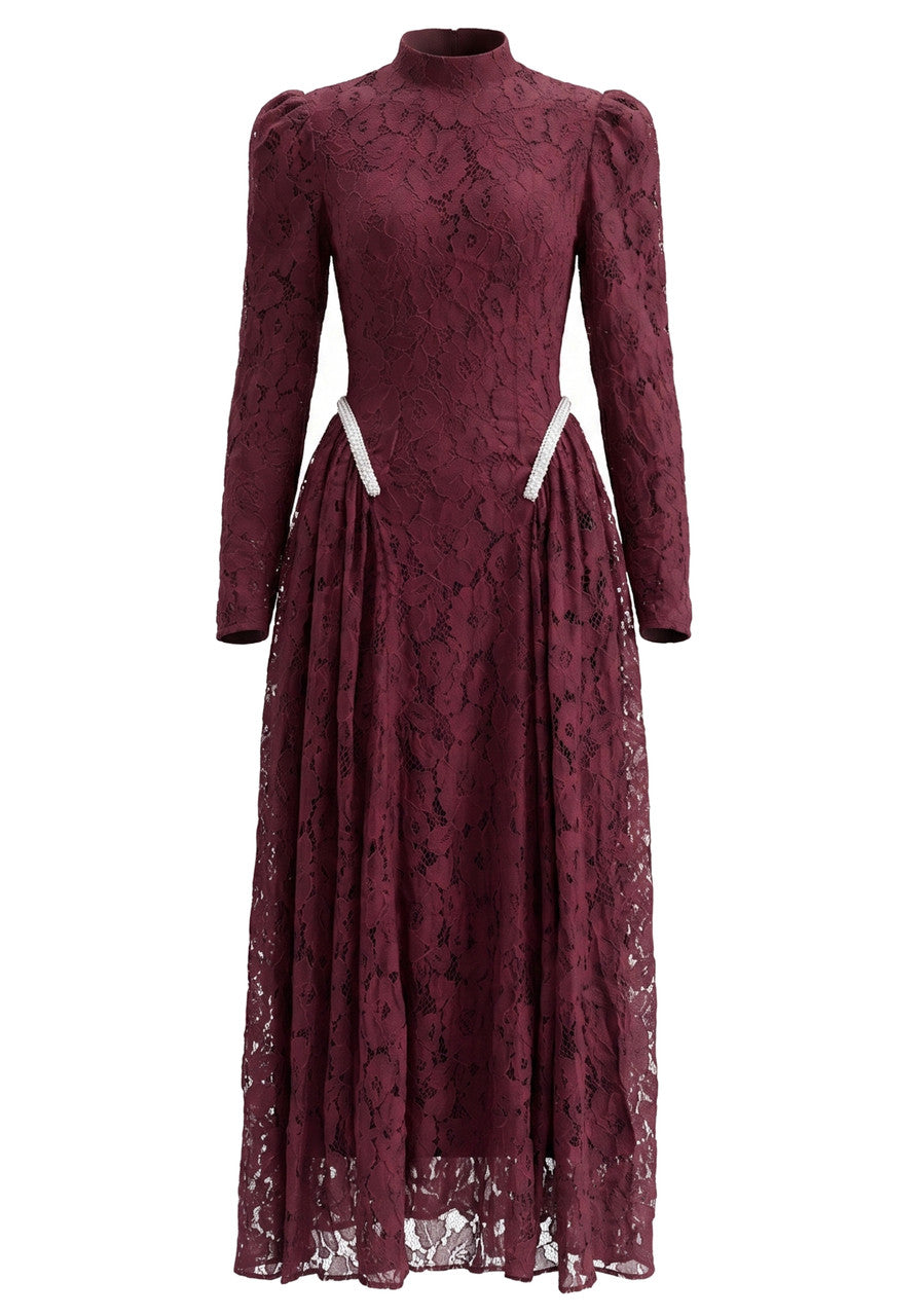 Long Sleeve Crystal Detail A Line Lace Maxi Dress Burgundy