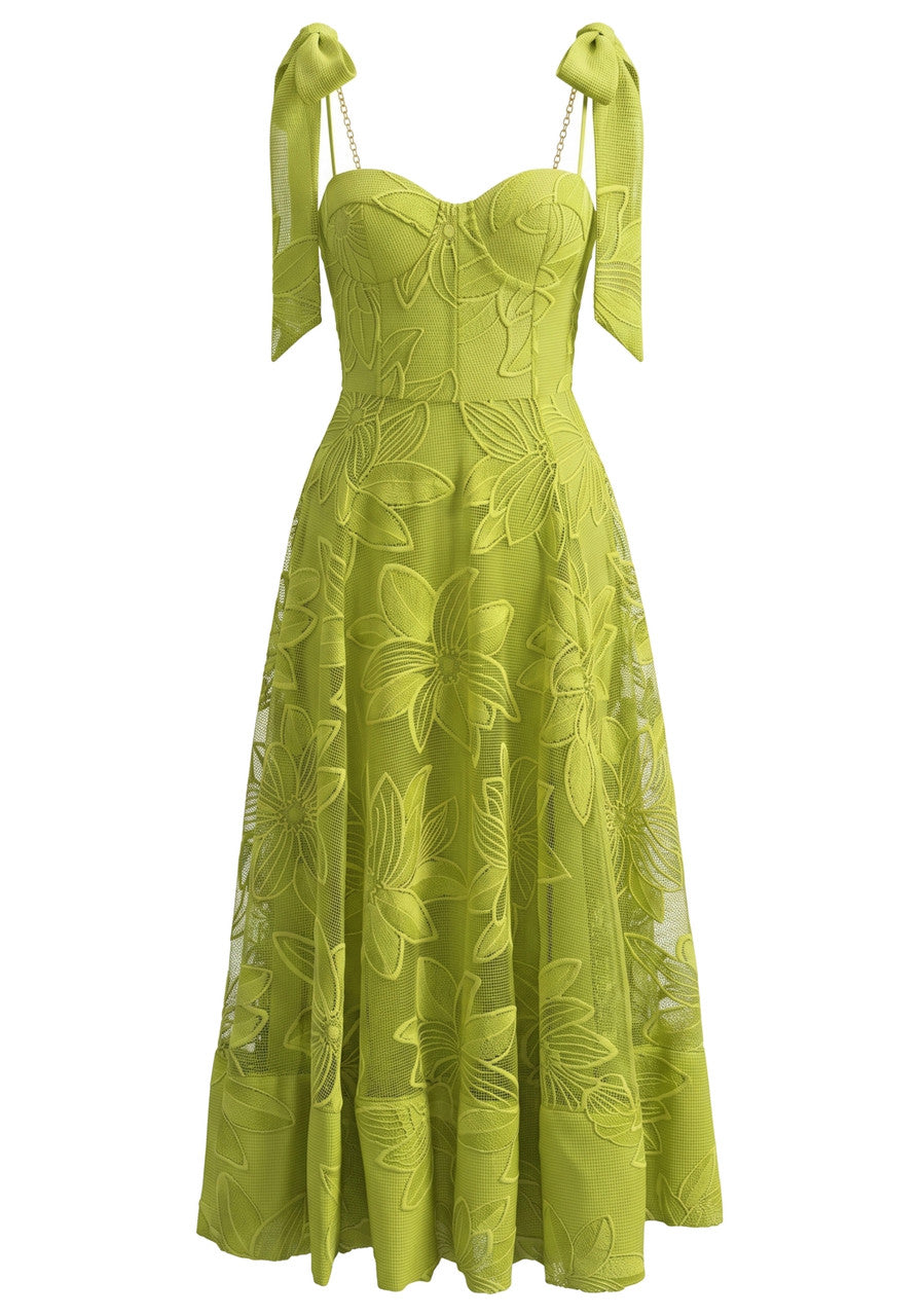 Floral A Line Bustier Midi Dress Green