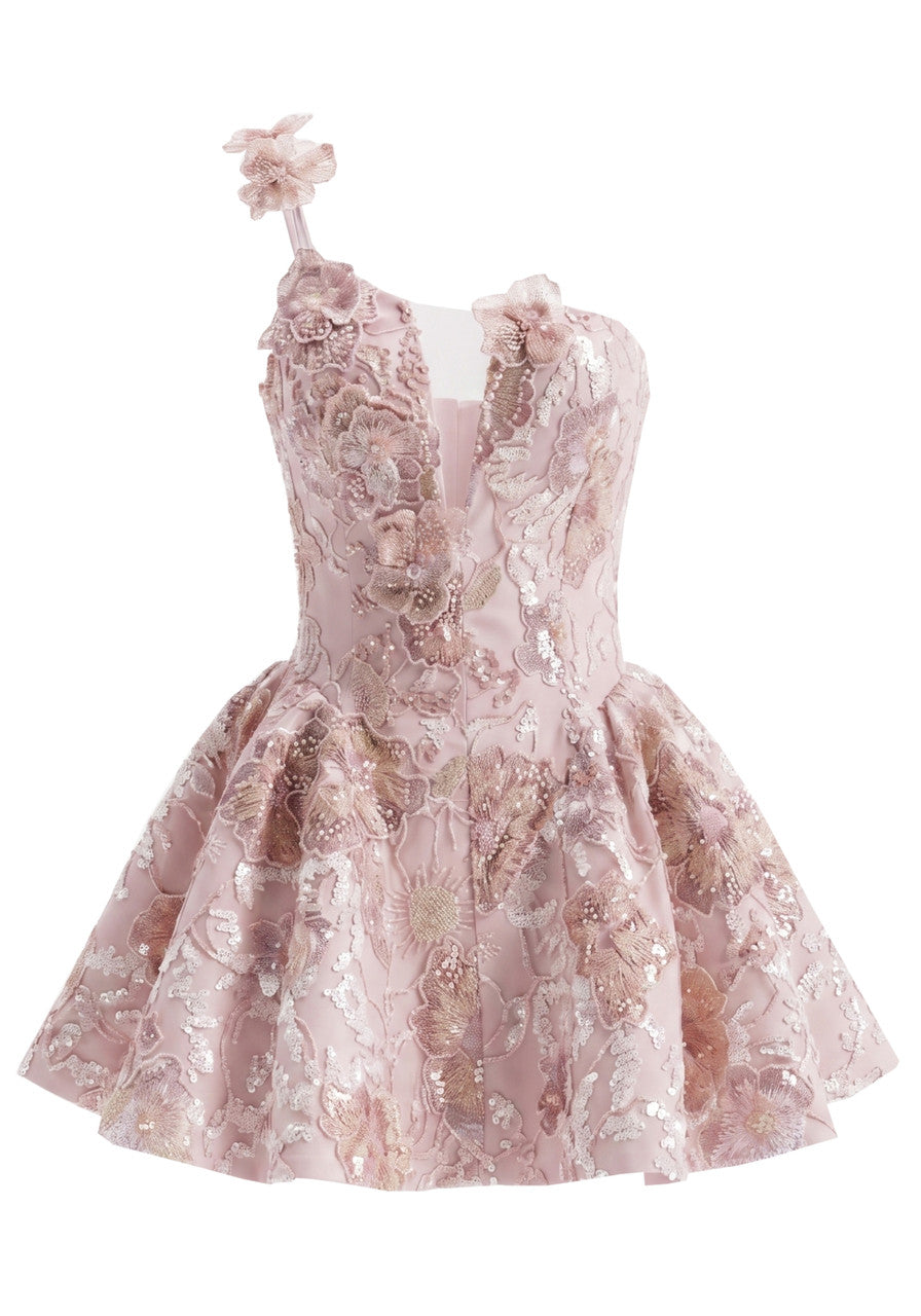 One Shoulder Floral Sequin Corset A Line Dress Pink