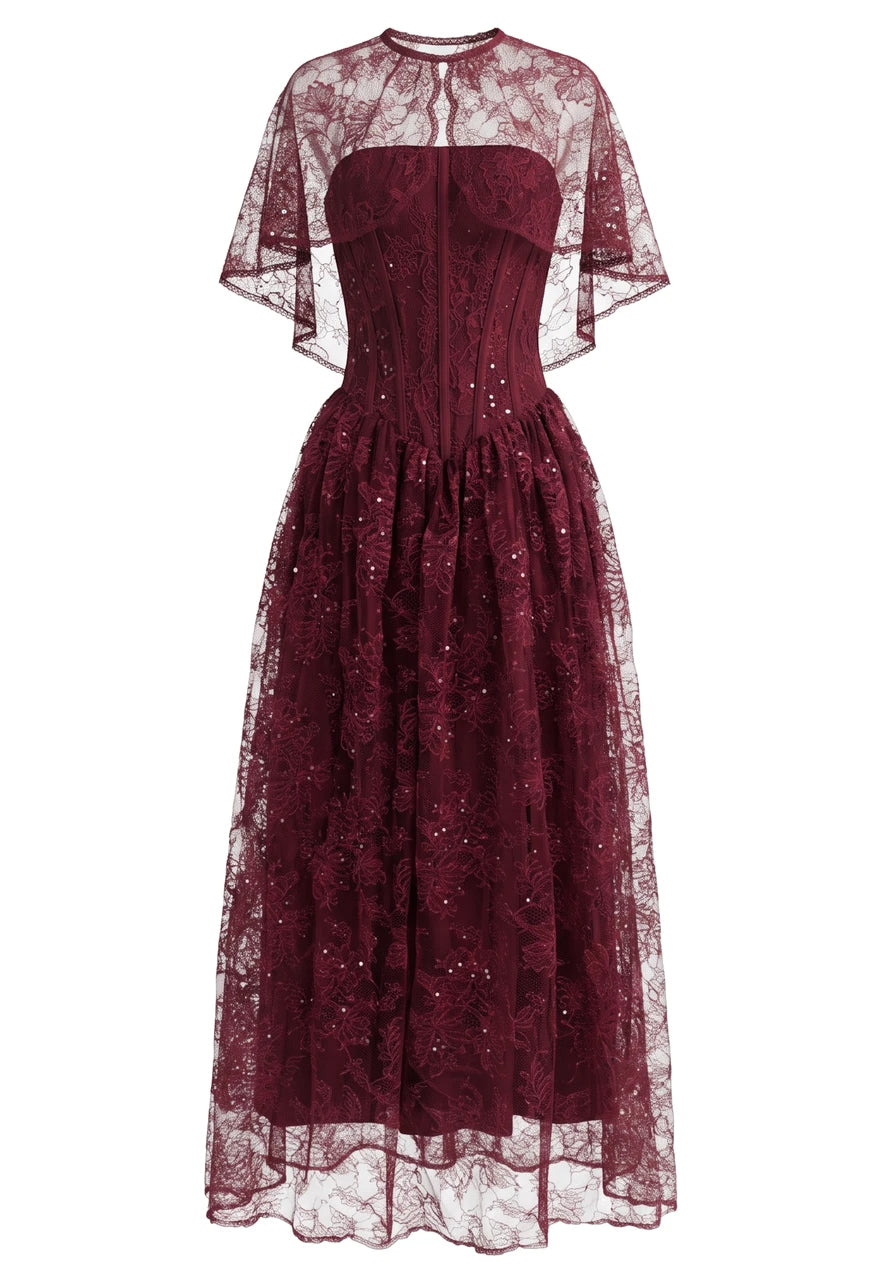 Lace Cape Strapless A Line Maxi Dress Burgundy