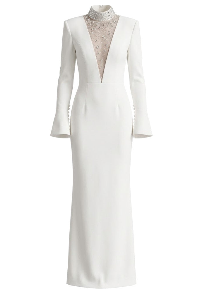 Long Sleeve Crystal Mesh Maxi Dress White