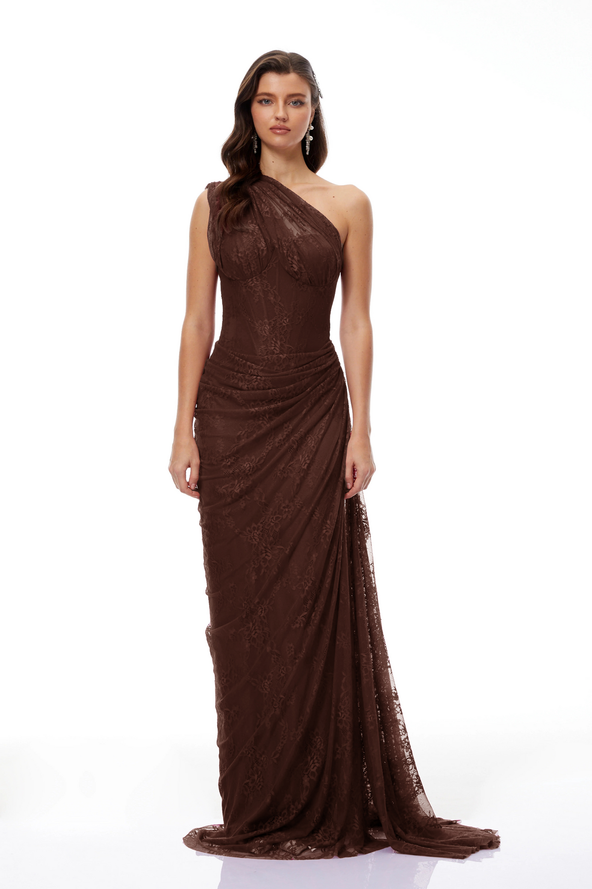 Stefania Brown Red Floral Lace Maxi Gown