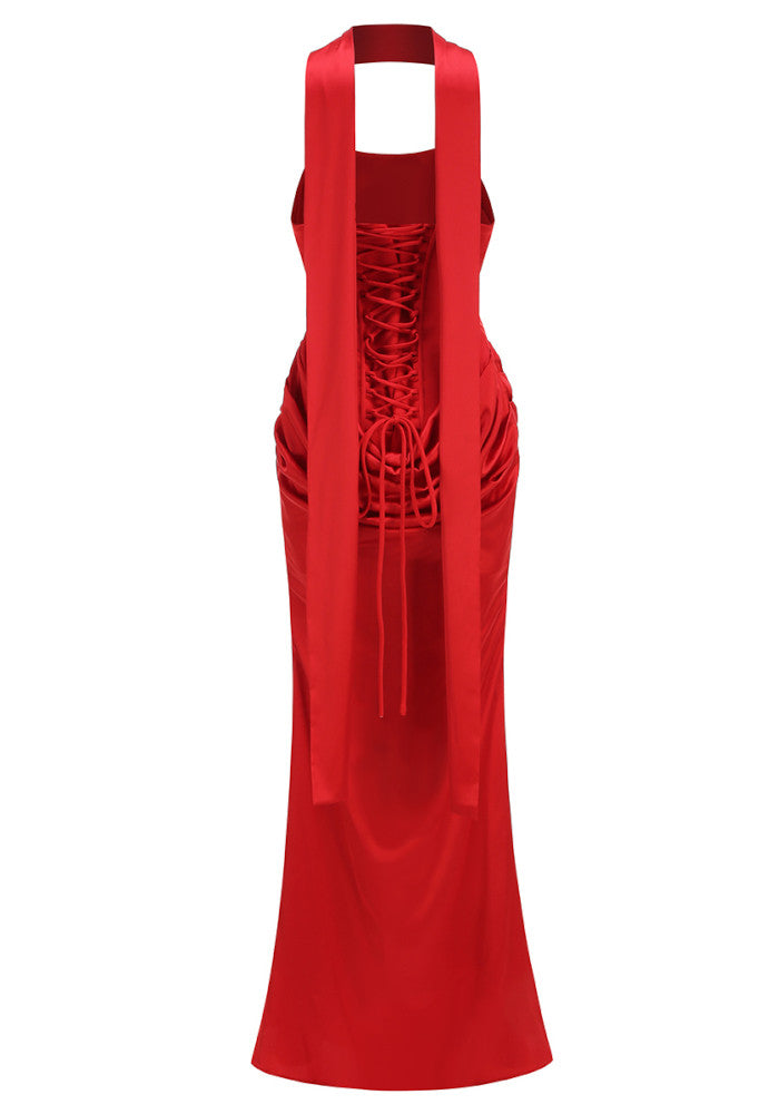Strapless Draped Corset Maxi Dress Red