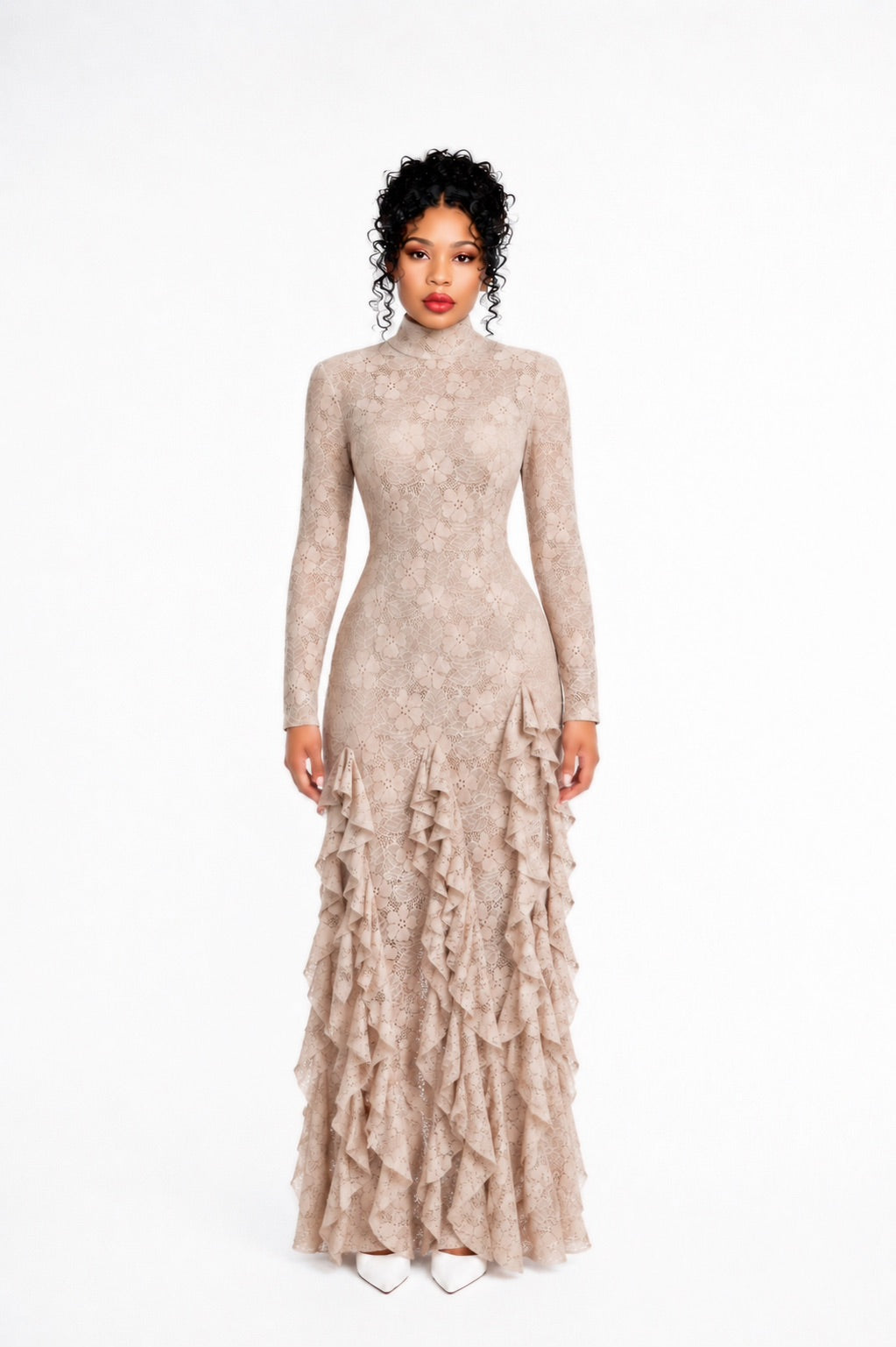 Long Sleeve Lace Ruffle Maxi Dress Nude