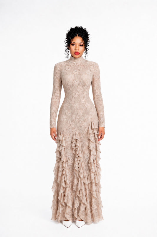 Long Sleeve Lace Ruffle Maxi Dress Nude