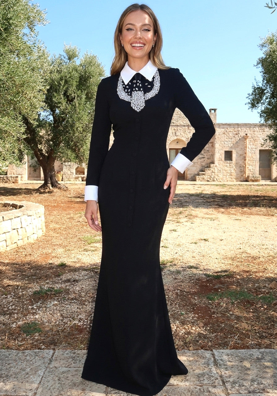 Long Sleeve Crystal Tie Maxi Dress Black