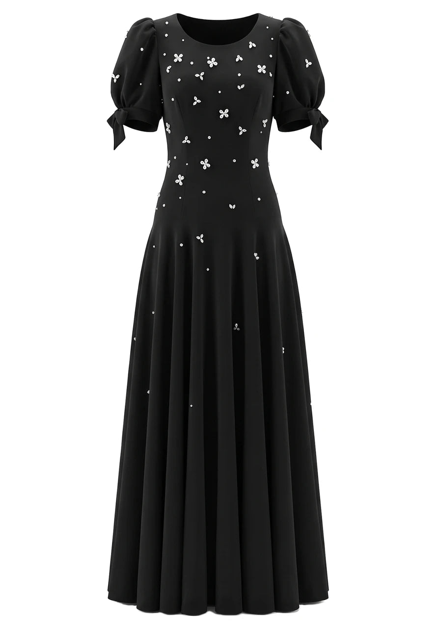 Short Sleeve Crystal A Line Maxi Dress Black