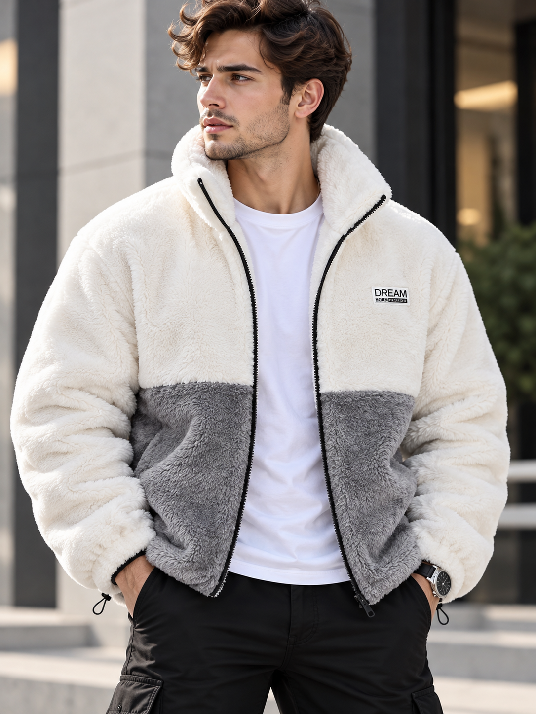 Men's Full Size Reversible Color-Block Faux Fur Fleece Zip-Up Coat Plus Size