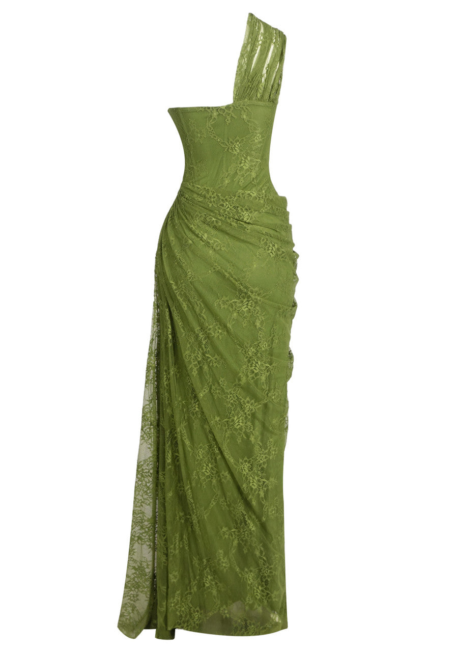 One Shoulder Draped Lace Maxi Dress Green