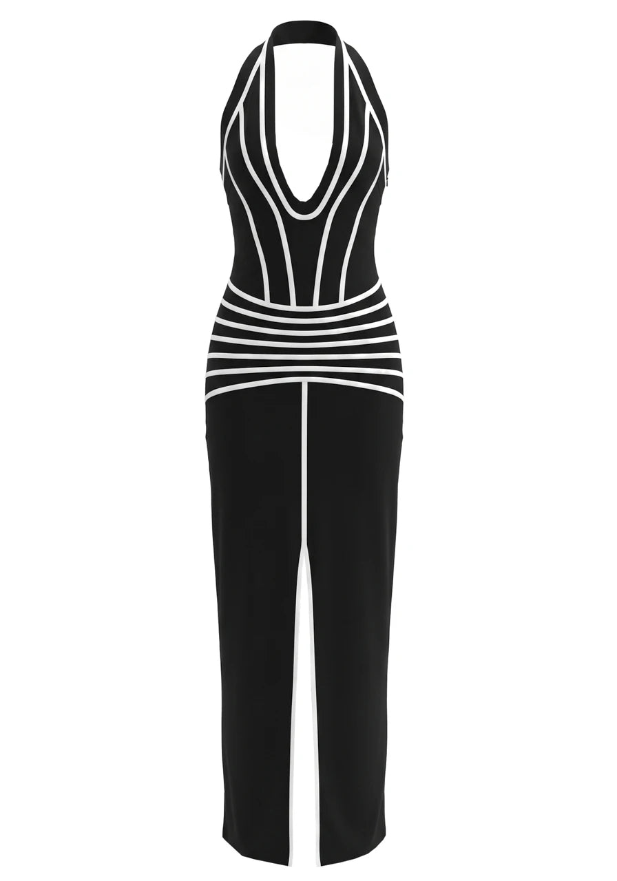 Halter Striped Maxi Dress Black White