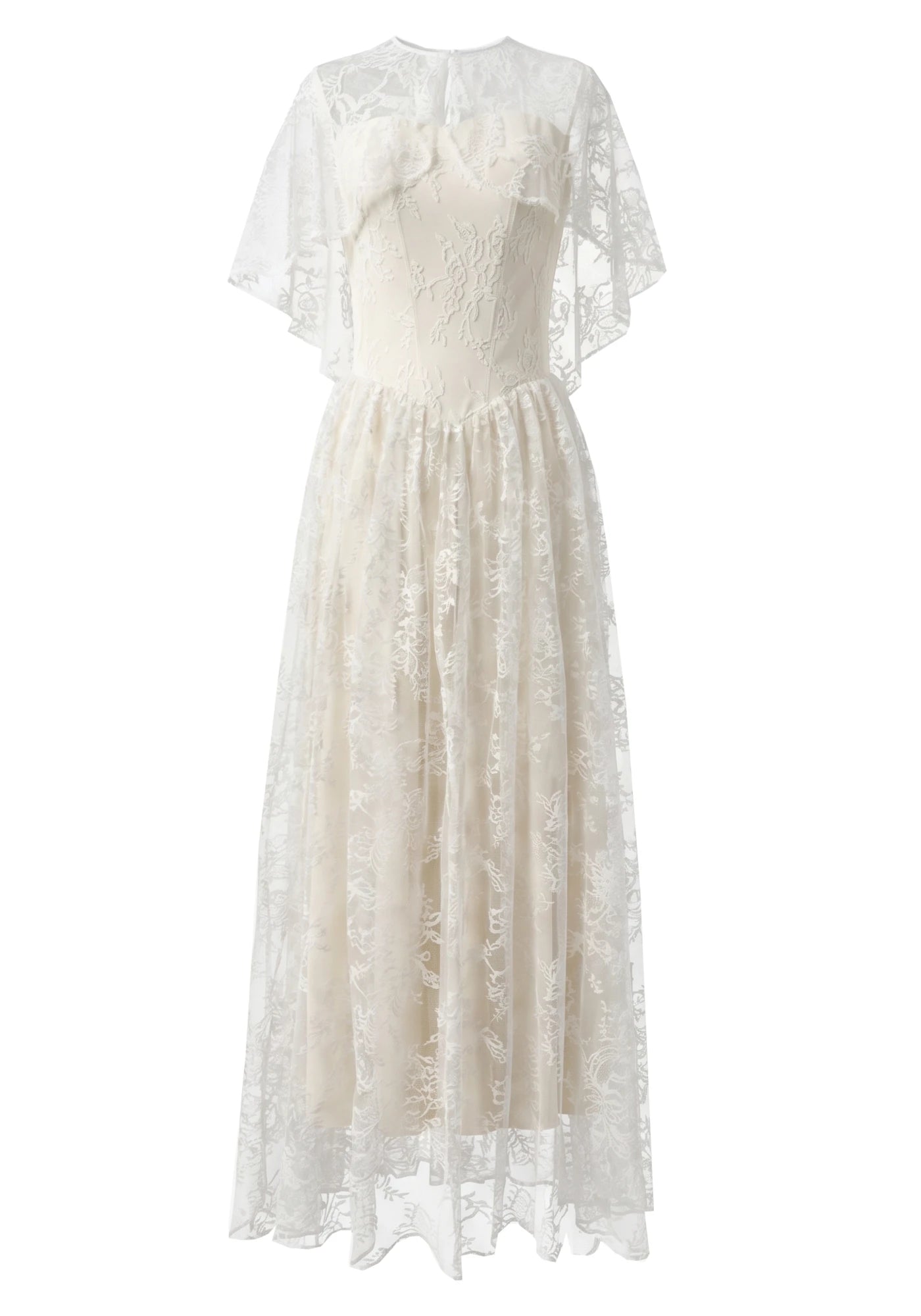 Lace Cape Strapless A Line Maxi Dress Ivory