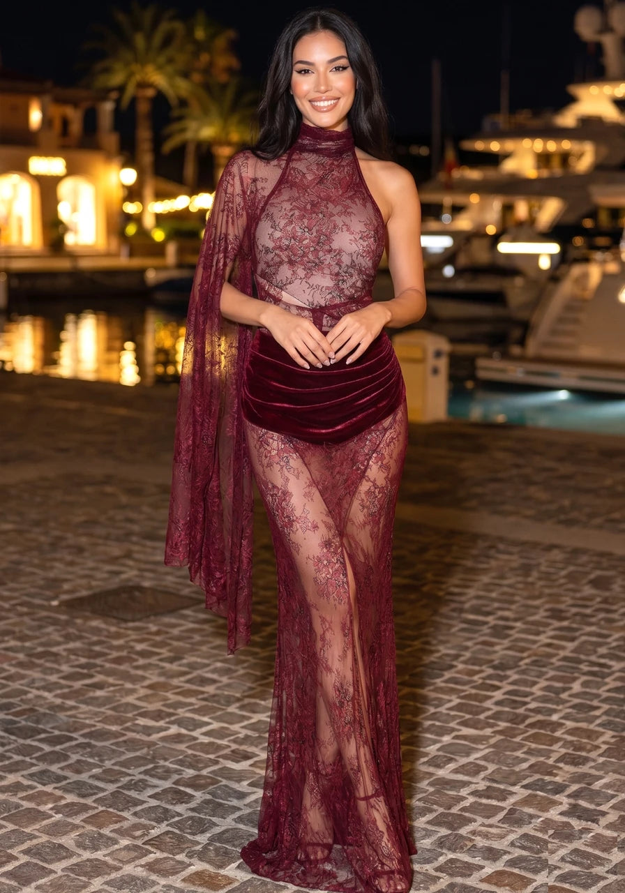 One Shoulder Lace Maxi Dress Burgundy