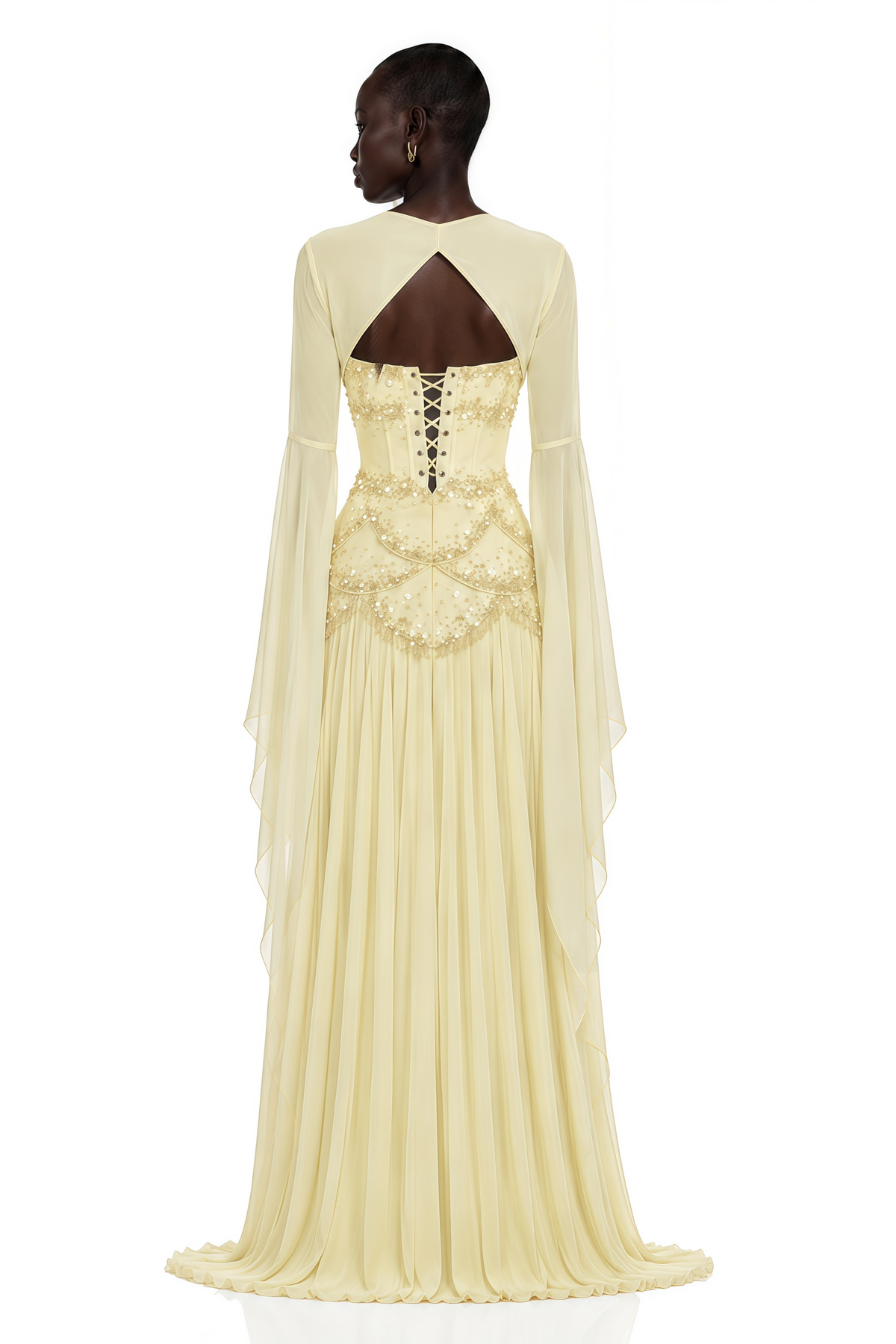 Yellow Faux-pearl-embellished Pleated Maxi Dress