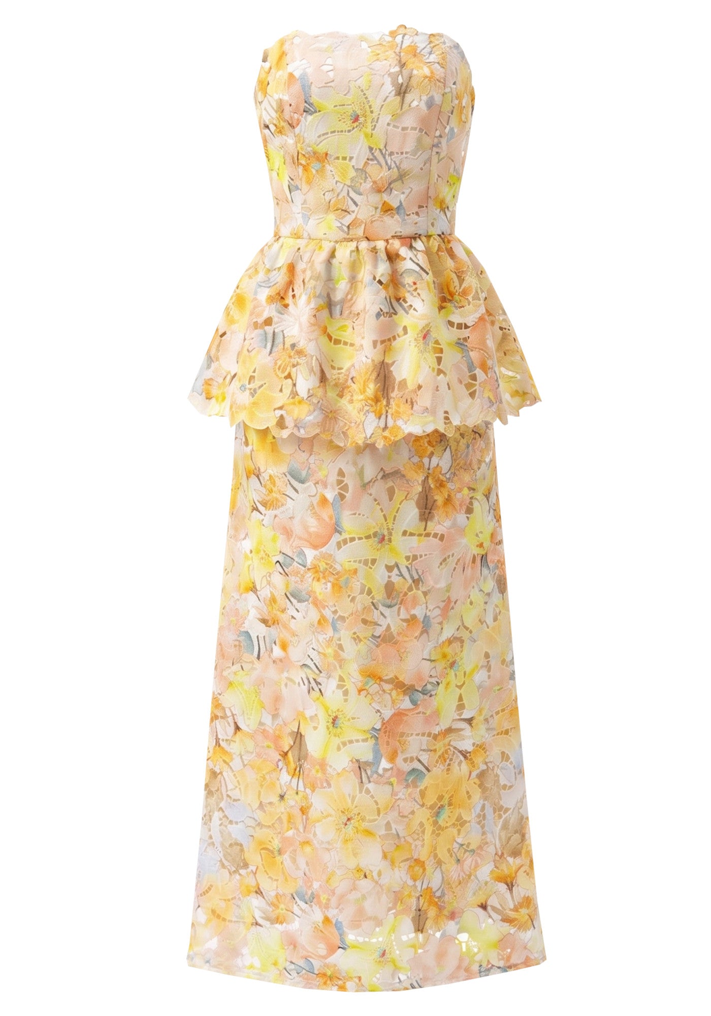 Strapless Floral Peplum Maxi Dress Yellow
