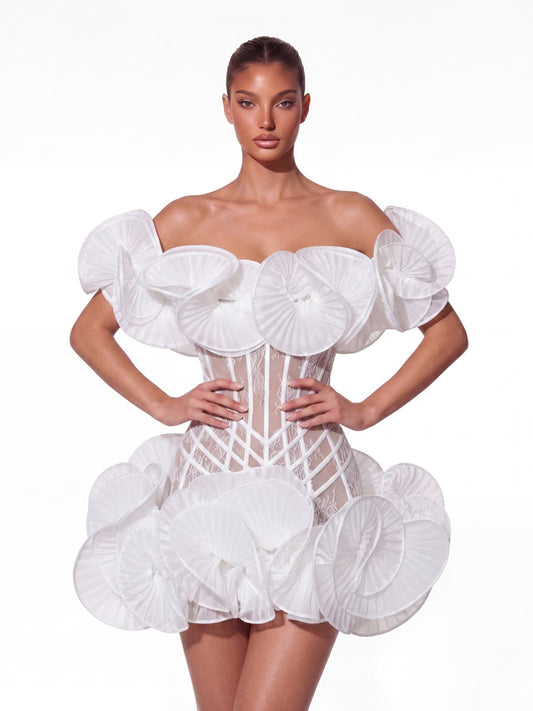 Off Shoulder Lace Flower Mini Dress