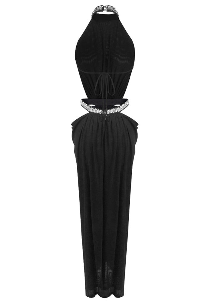Halter Crystal Draped Backless Maxi Dress Black