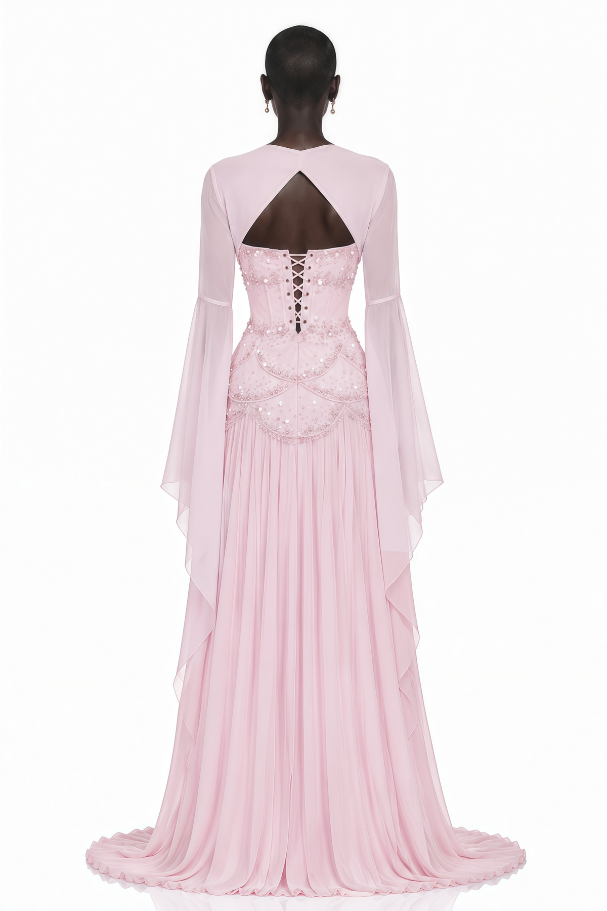 Pink Faux-pearl-embellished Pleated Maxi Dress