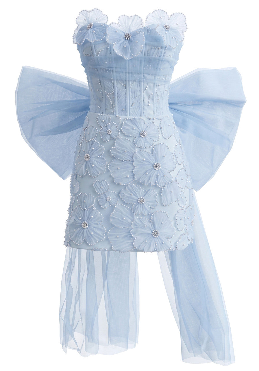 Strapless Floral Bow Detail Dress Blue