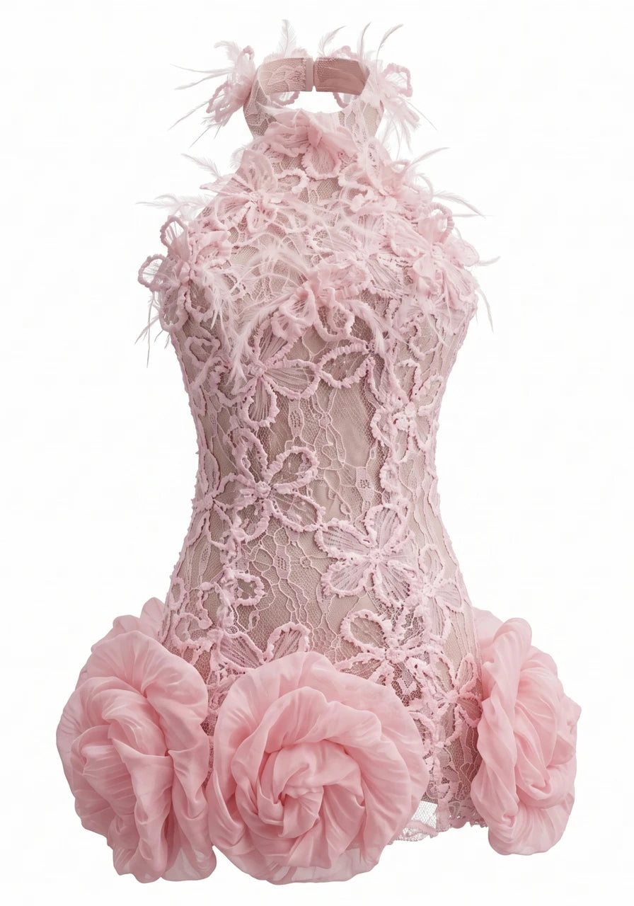 Floral Feather Lace Dress Pink