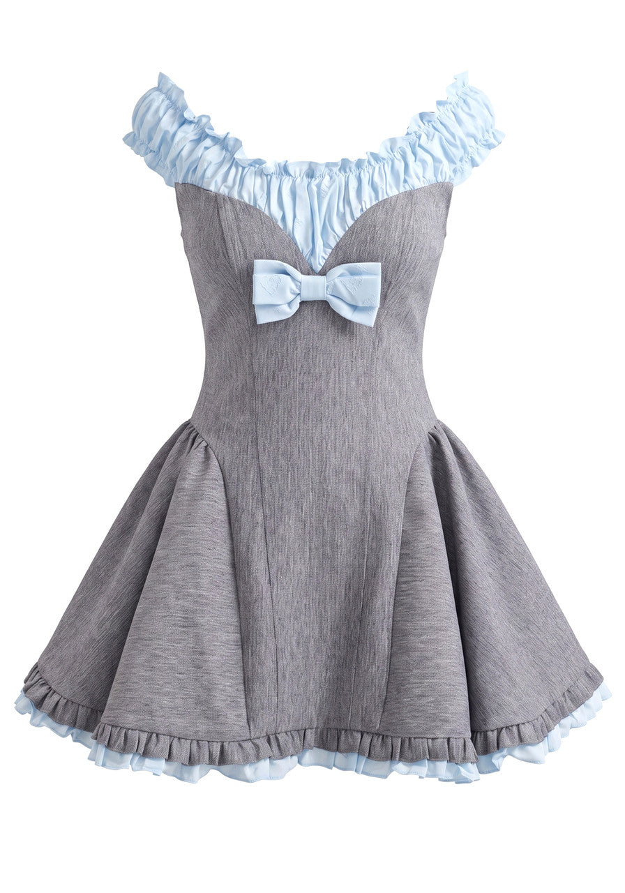 Ruched Bardot A Line Dress Grey Blue