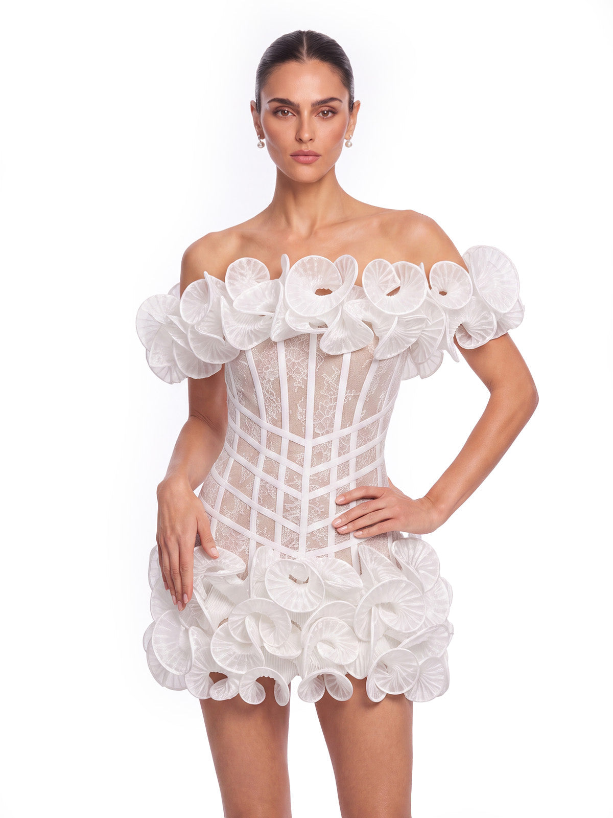 Off Shoulder Lace Flower Mini Dress