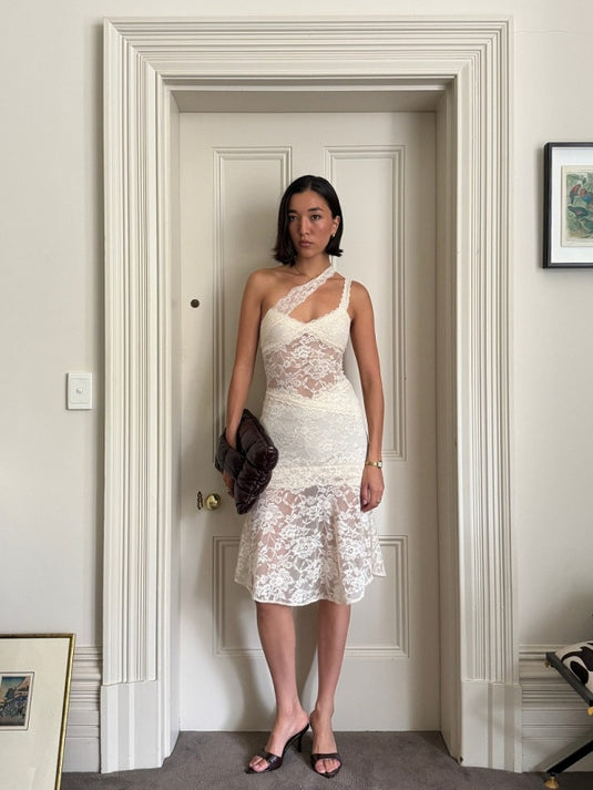 Ivory Romance Asymmetric Lace Midi Dress
