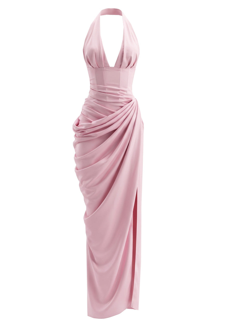 Halter Draped Corset Maxi Dress Pink