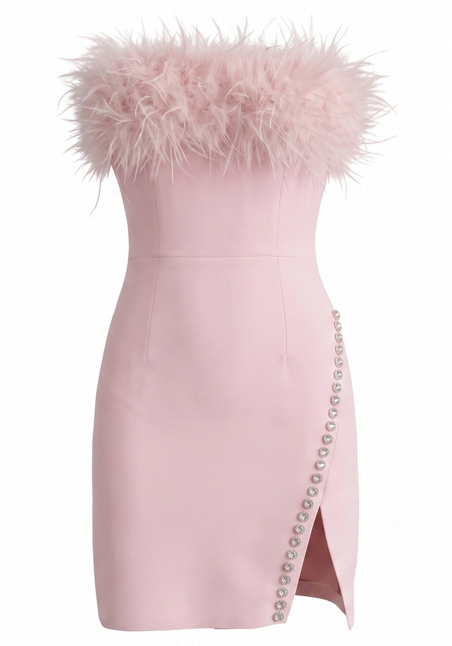 Strapless Feather Crystal Dress Pink