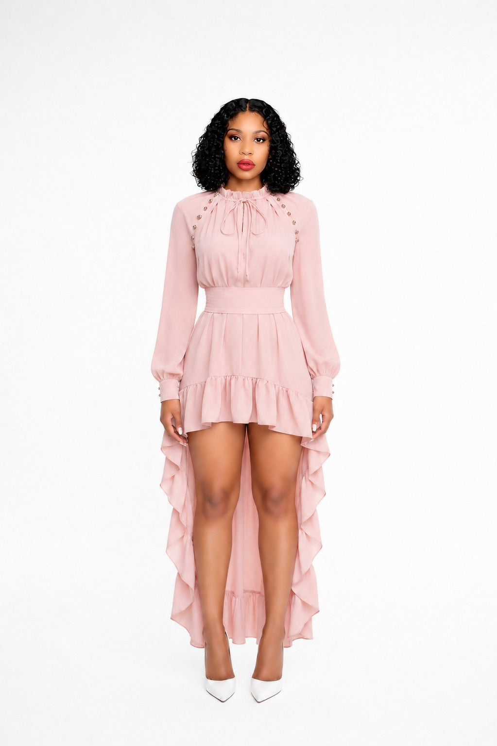 Long Sleeve High Low Ruffle Maxi Dress Pink