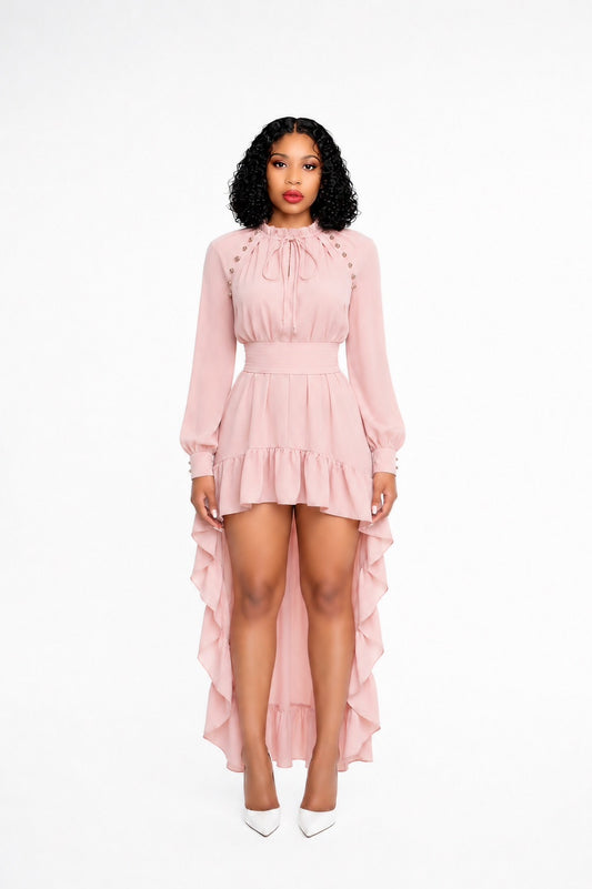 Long Sleeve High Low Ruffle Maxi Dress Pink
