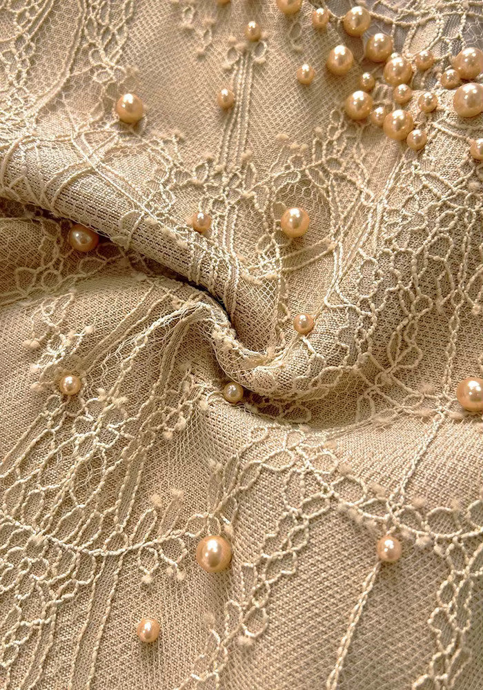 Embellished Structured Lace Dress Nude