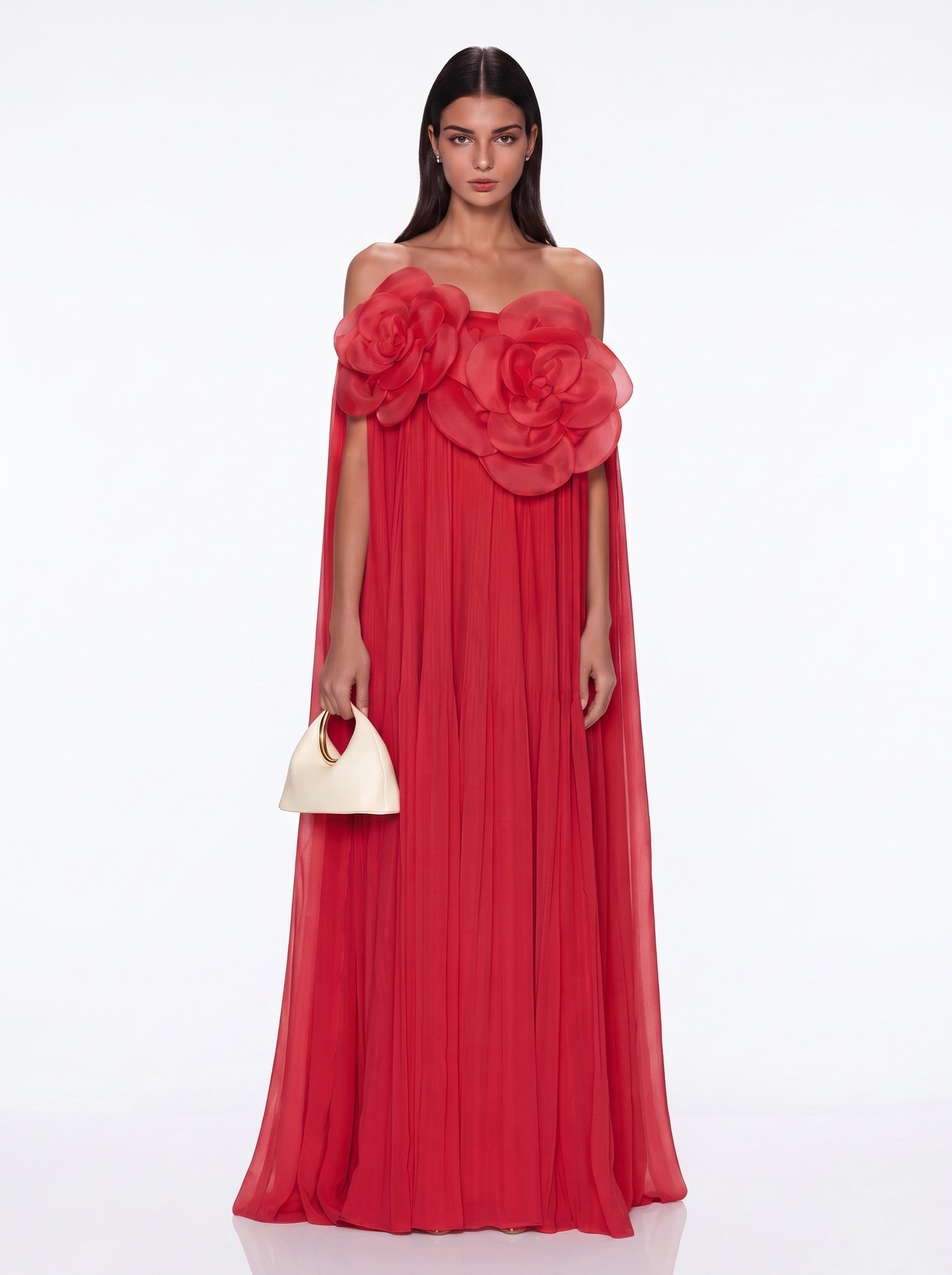 Off Shoulder Flower Pleated Maxi Dress In Red