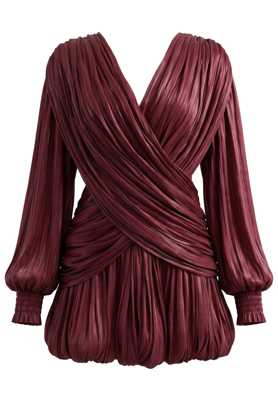 Long Sleeve Draped Bubble Dress Burgundy