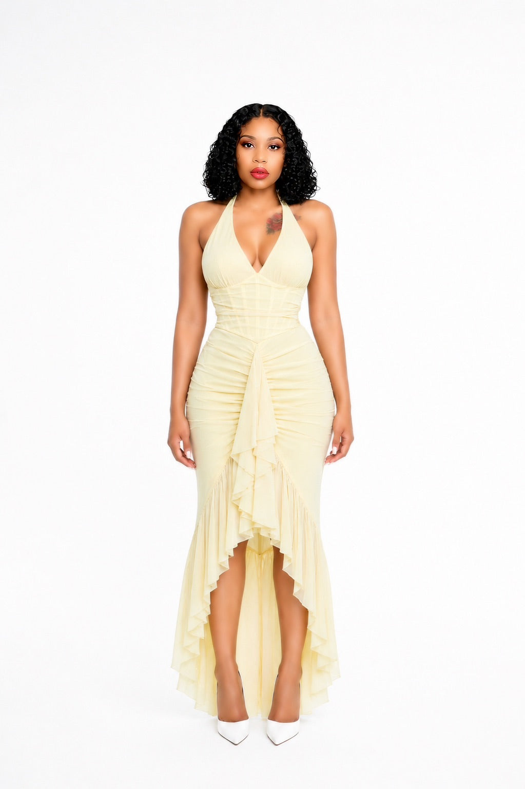 Halter Ruffle Detail Maxi Dress Yellow