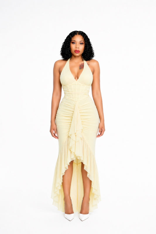 Halter Ruffle Detail Maxi Dress Yellow