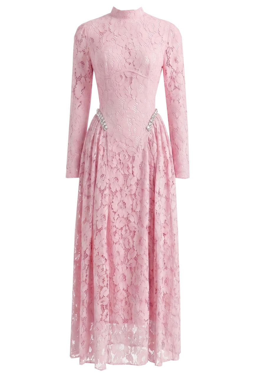 Long Sleeve Crystal Detail A Line Lace Maxi Dress Pink
