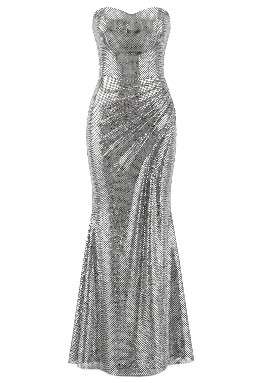 Strapless Draped Maxi Dress Silver