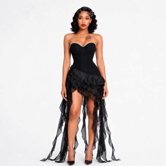 Strapless Crystal Bustier Ruffle Maxi Dress Black