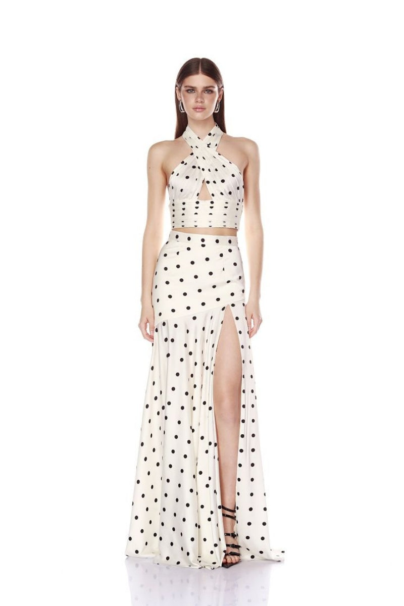 Ivory Polka Dot Halter Top & High-Slit Maxi Skirt Set