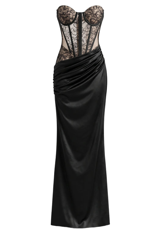 Strapless Lace Bustier Draped Maxi Dress Black
