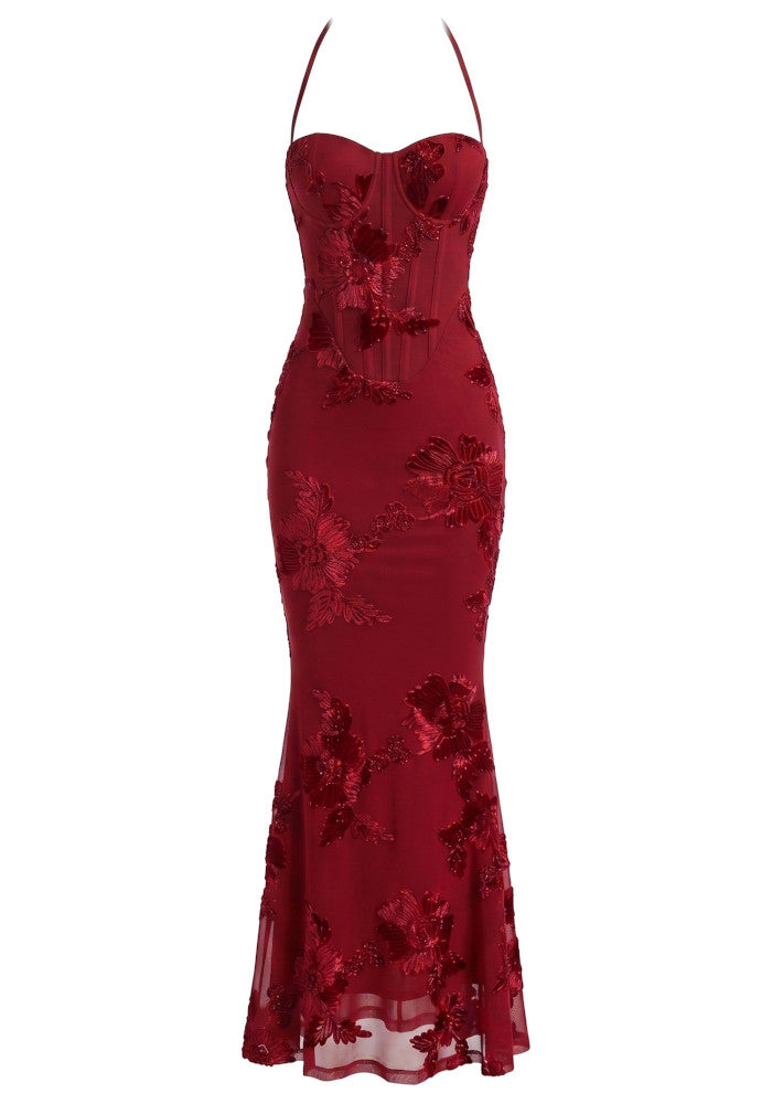 Halter Floral Strappy Backless Maxi Dress Red