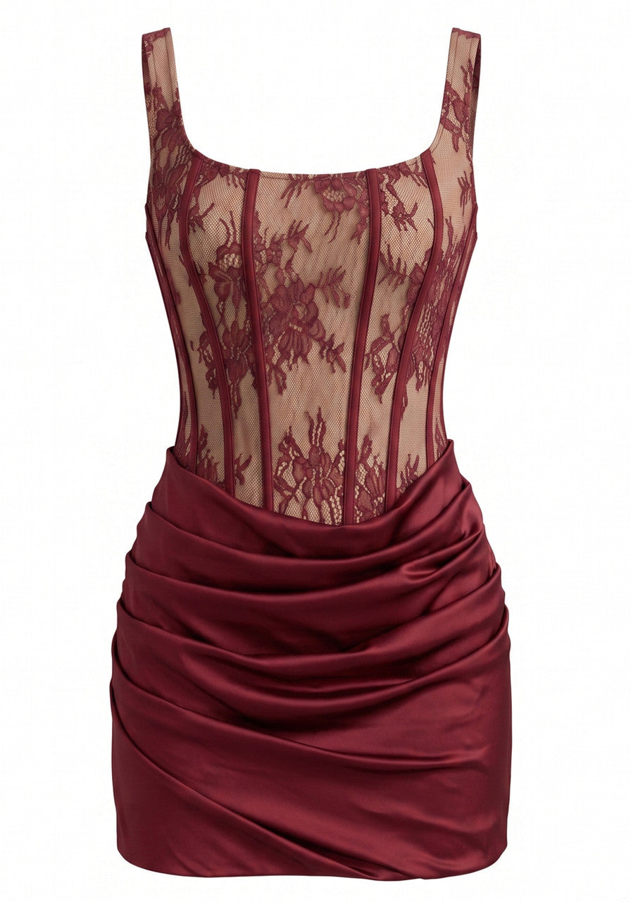 Structured Lace Draped Corset Dress Burgundy